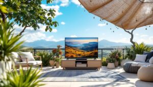 A photograph of a portable outdoor tv set up in a scenic outdoor environment