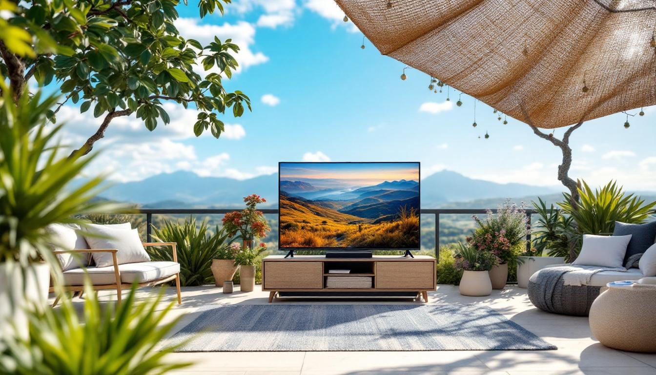 A photograph of a portable outdoor tv set up in a scenic outdoor environment