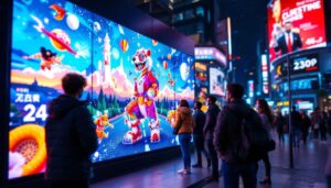 A photograph of a vibrant led digital signage display in a bustling urban environment