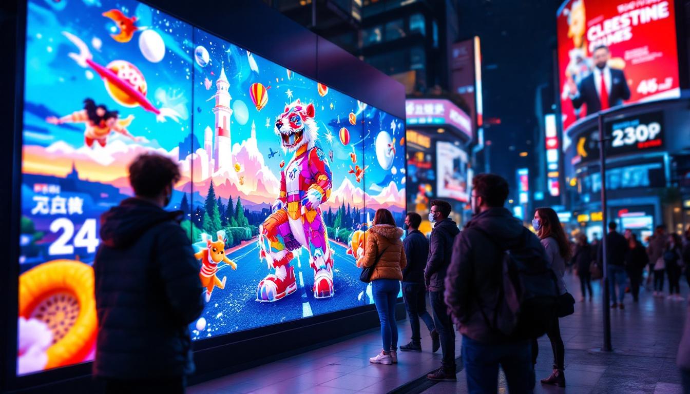 A photograph of a vibrant led digital signage display in a bustling urban environment