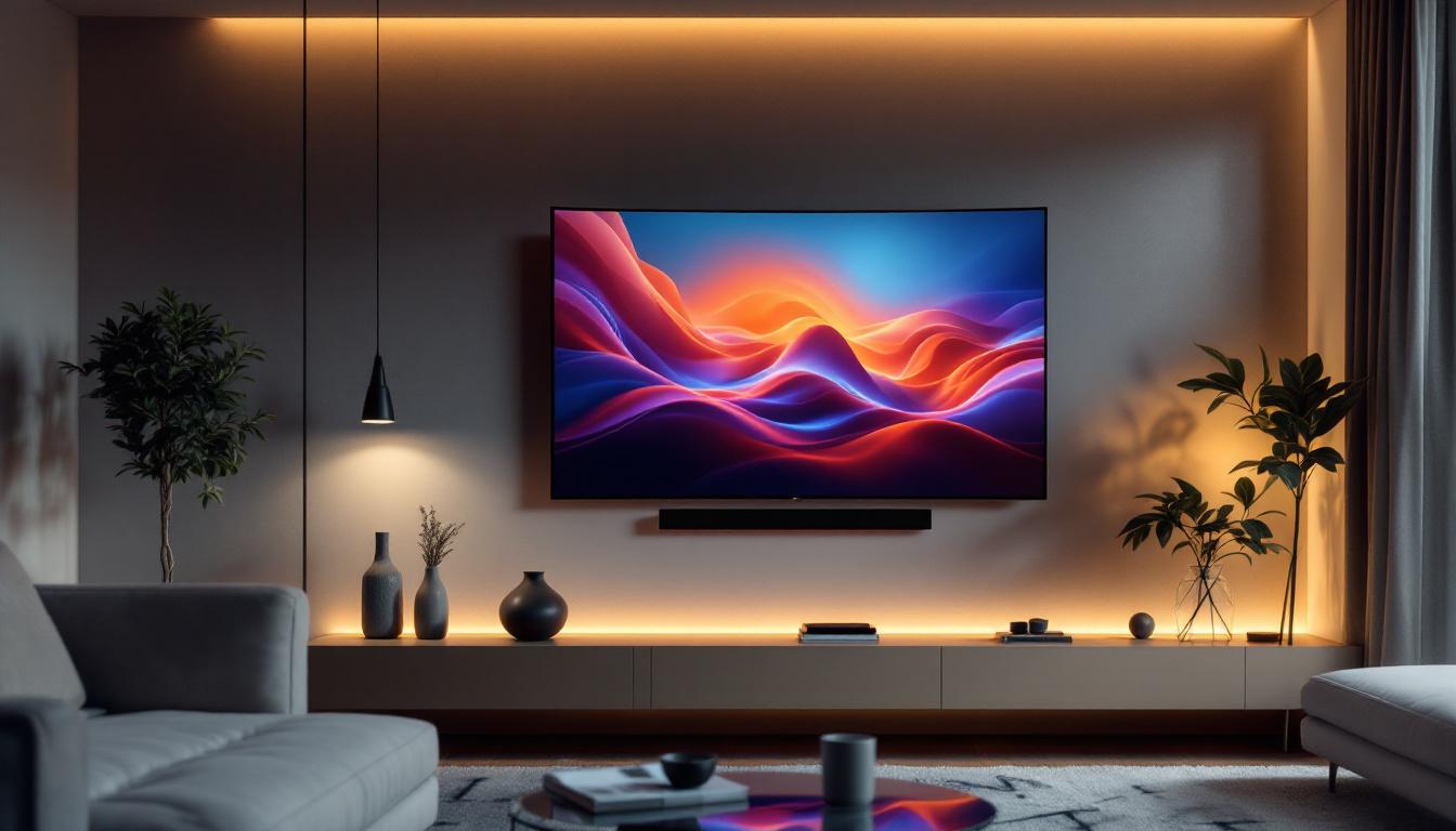 A photograph of a stylish living room featuring a curved led tv mounted on the wall