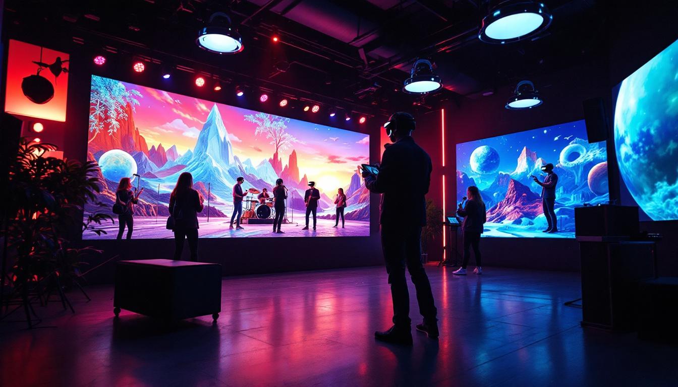 A photograph of a vibrant xr virtual production studio with led displays in action