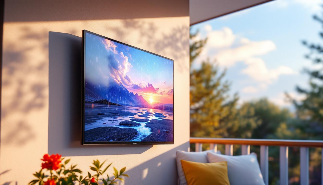 A photograph of a vibrant outdoor scene featuring a weatherproof led tv mounted on a patio or balcony