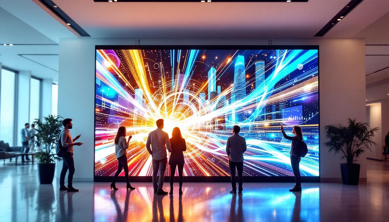 A photograph of a vibrant led display in a business setting