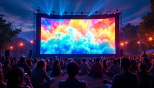 A photograph of a large outdoor setting featuring a 100 ft projector screen displaying vibrant led visuals