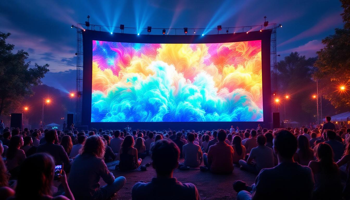 A photograph of a large outdoor setting featuring a 100 ft projector screen displaying vibrant led visuals