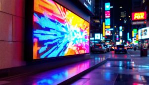 A photograph of a vibrant led wall sign in a dynamic urban setting