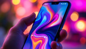 A photograph of a close-up shot of an android phone's screen displaying vibrant colors and brightness settings