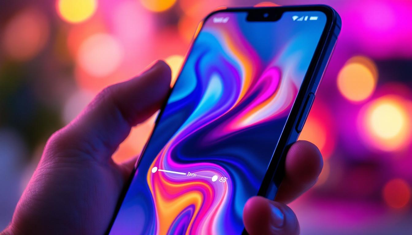 A photograph of a close-up shot of an android phone's screen displaying vibrant colors and brightness settings