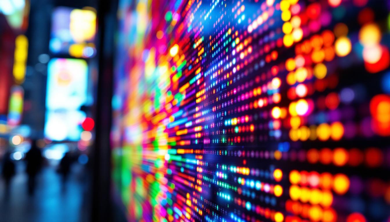 A photograph of a close-up of a vibrant led display showcasing vivid colors and intricate details