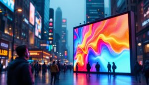 A photograph of a vibrant led display in a lively urban setting