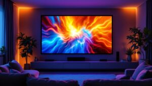 A photograph of a vibrant 50-inch projector screen displaying a vivid led image in a cozy home theater setting