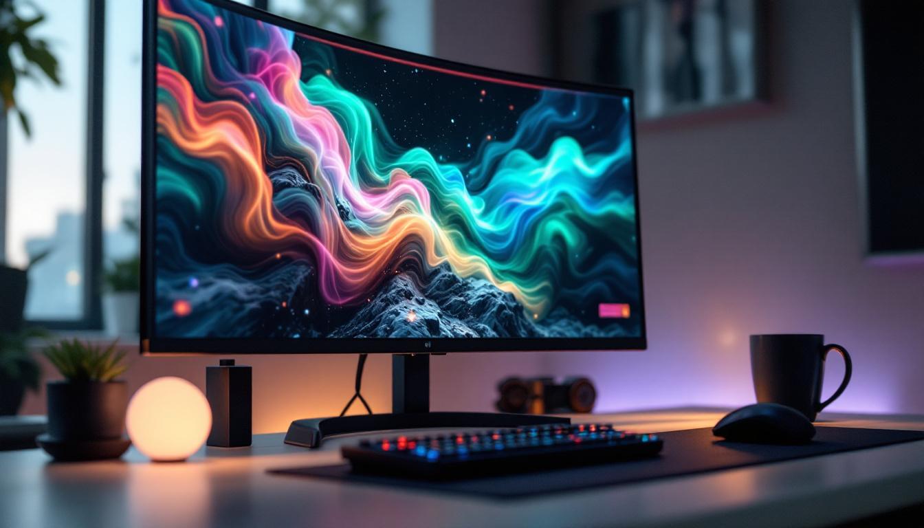A photograph of a sleek 21:9 curved monitor displaying vibrant