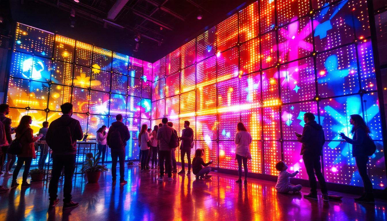 A photograph of a vibrant modular led display in action