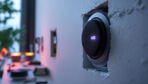 A photograph of a close-up shot of an in-wall speaker installation process