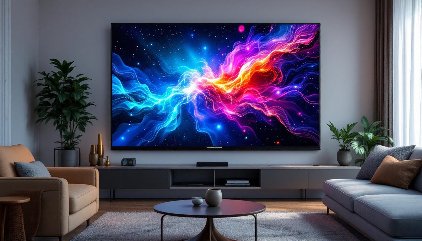 A photograph of a sleek 98-inch touch screen tv displaying vibrant led visuals in a modern living room setting
