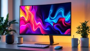 A photograph of capture a photograph of a sleek led monitor displaying vibrant colors and sharp images