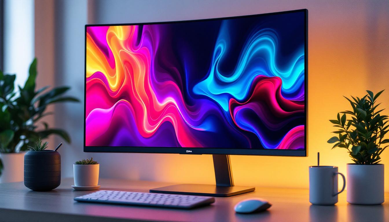 A photograph of capture a photograph of a sleek led monitor displaying vibrant colors and sharp images
