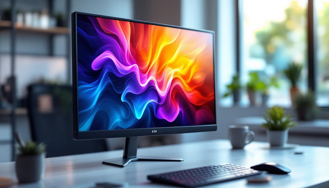 A photograph of capture a photograph of a sleek 22-inch led monitor displaying vibrant