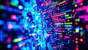 A photograph of a close-up of a vibrant led display screen showcasing vivid colors and intricate pixel arrangements