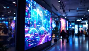 A photograph of a vibrant led display showcasing dynamic digital retail signage in a bustling shopping environment