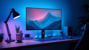 A photograph of a sleek desktop setup featuring a privacy screen on an led display