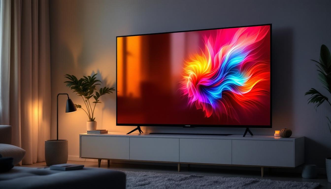 A photograph of a well-lit living room setting featuring a used plasma tv prominently displayed