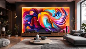 A photograph of a stylish living room featuring a vibrant 3d wall mural integrated with an led display