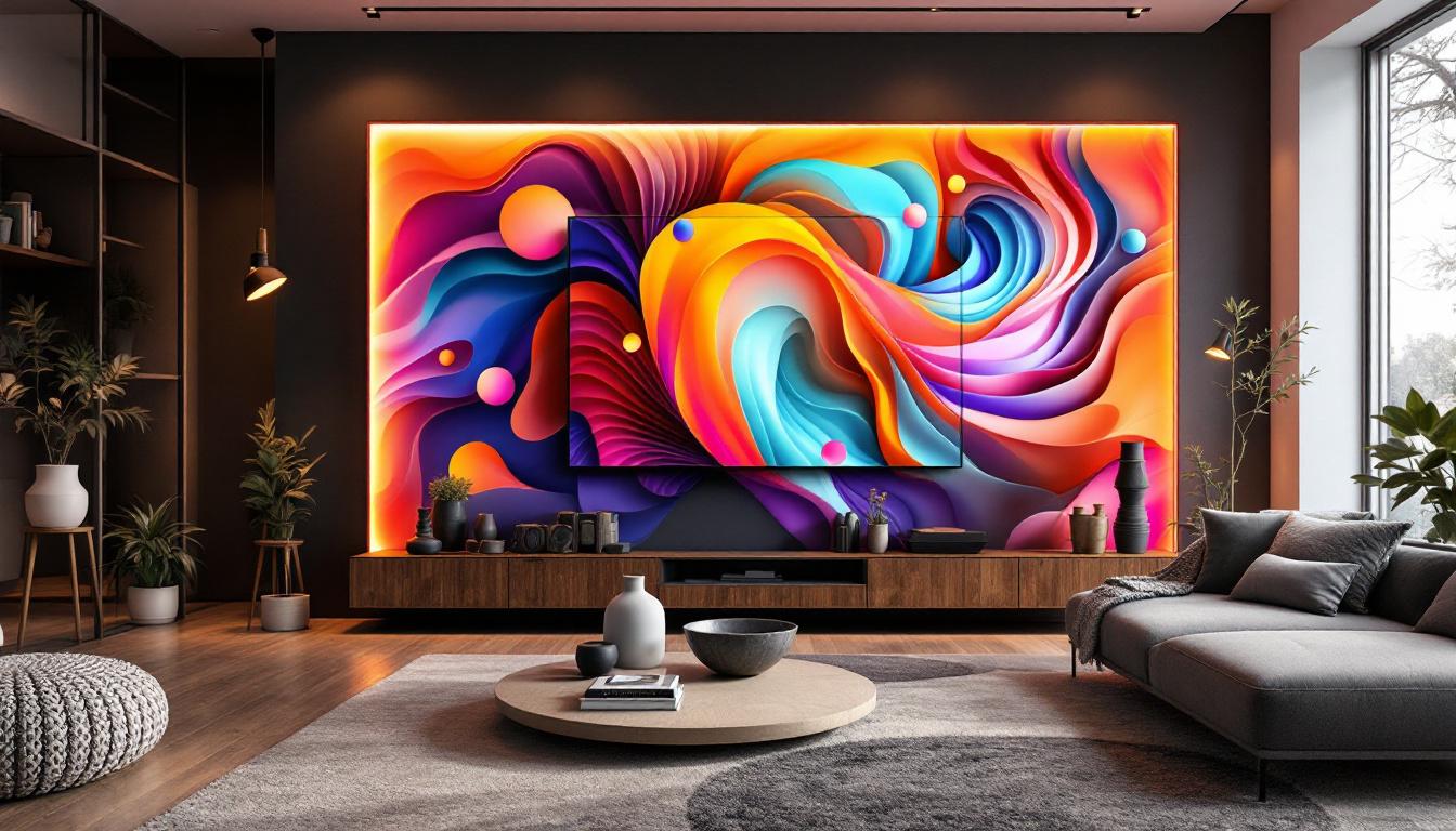 A photograph of a stylish living room featuring a vibrant 3d wall mural integrated with an led display