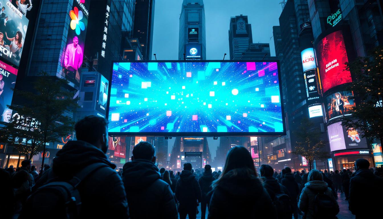 A photograph of a vibrant led display in an urban setting
