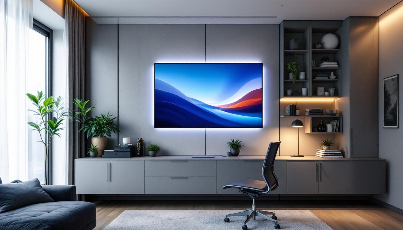 A photograph of a stylish home office featuring modern wall paneling integrated with an led display