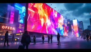A photograph of a vibrant led display in an urban setting
