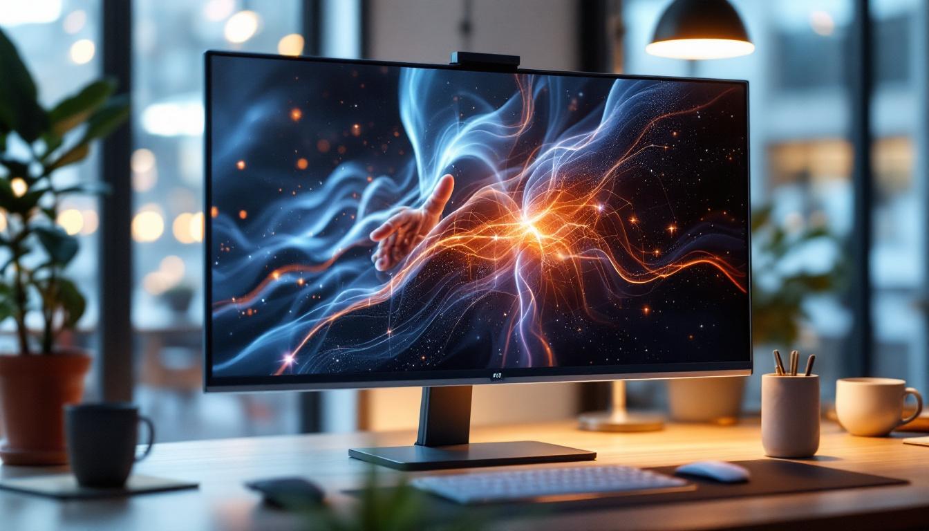 A photograph of capture a photograph of a sleek 32-inch led touch screen monitor in a modern workspace setting