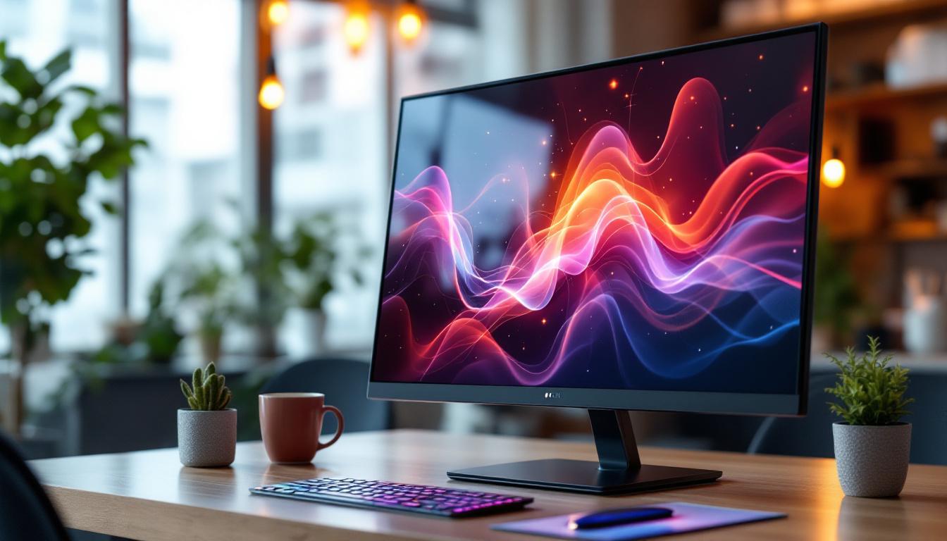 A photograph of a sleek 27-inch touch screen monitor displaying vibrant led graphics in a modern workspace setting