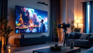 A photograph of a modern projector screen setup in a well-lit room