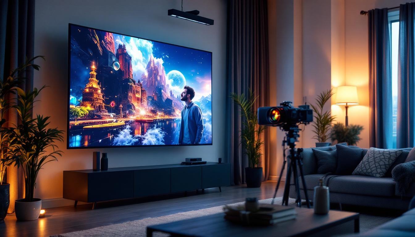 A photograph of a modern projector screen setup in a well-lit room