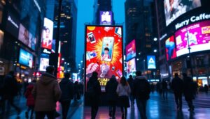 A photograph of capture a photograph of a vibrant outdoor led display screen showcasing dynamic advertisements in a bustling urban environment