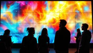 A photograph of a vibrant and dynamic video wall displaying a captivating array of colors and visuals