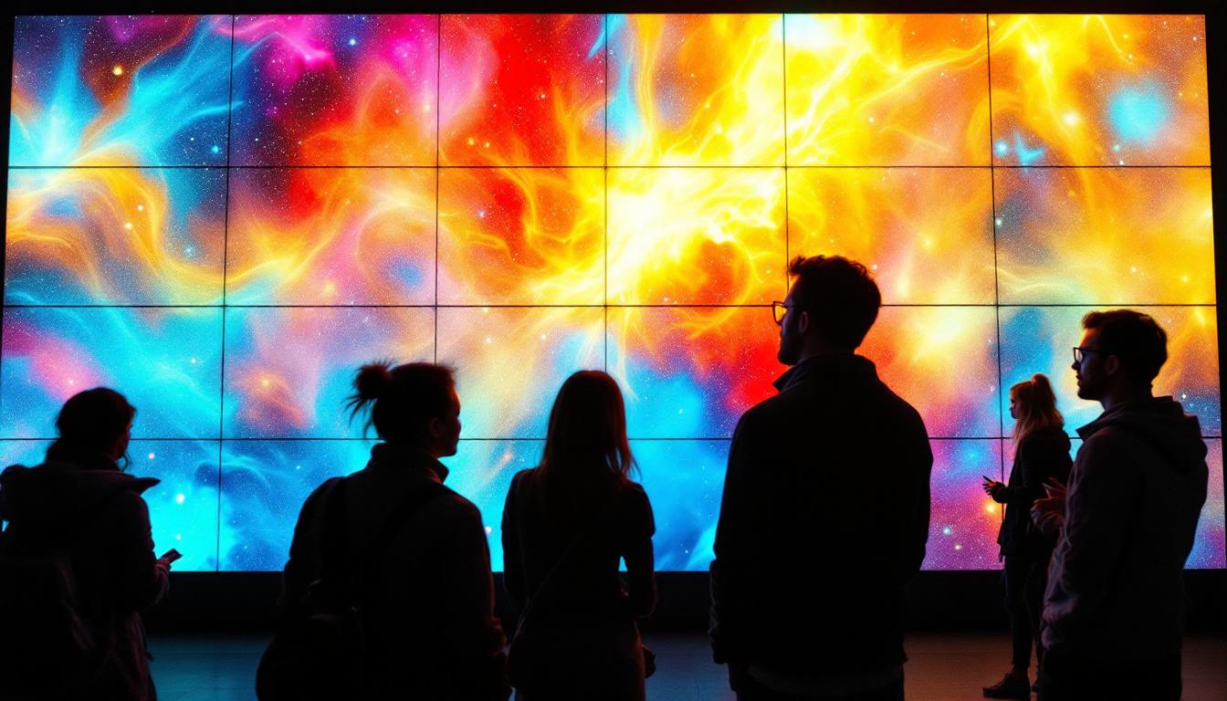 A photograph of a vibrant and dynamic video wall displaying a captivating array of colors and visuals