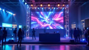 A photograph of a dynamic truss stand featuring a vibrant led display in action