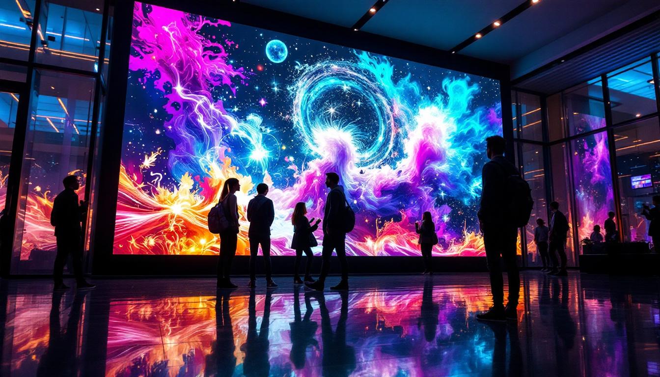 A photograph of a vibrant indoor led display screen showcasing dynamic visuals