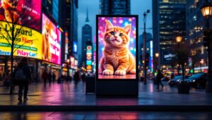 A photograph of a vibrant led display showcasing a playful cat advertisement