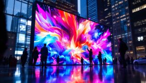 A photograph of a vibrant large led display in an urban setting