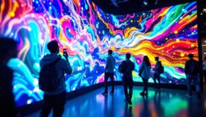 A photograph of a vibrant video wall screen in an engaging setting