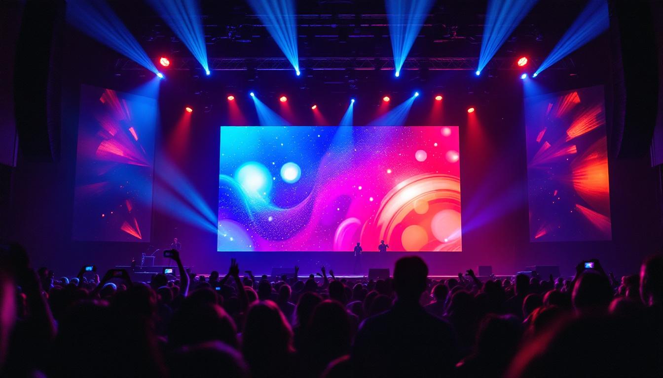A photograph of a vibrant led screen on stage during a live performance