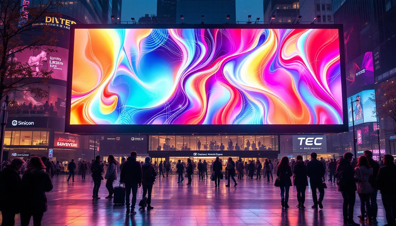 A photograph of a vibrant large led screen displaying dynamic visuals in an urban setting