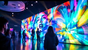 A photograph of a vibrant led wall display in a dynamic setting