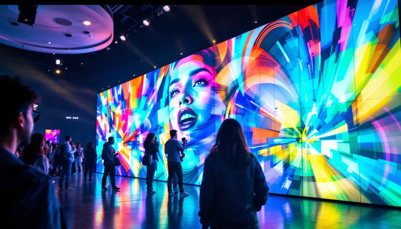 A photograph of a vibrant led wall display in a dynamic setting