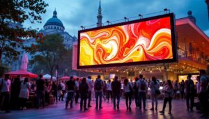 A photograph of capture a photograph of a vibrant outdoor setting featuring a large led video board displaying dynamic content