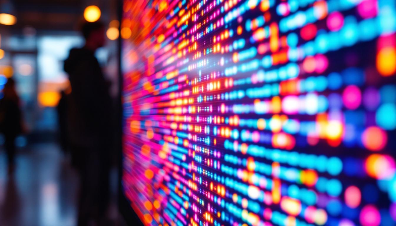 A photograph of a close-up shot of a vibrant led display in use
